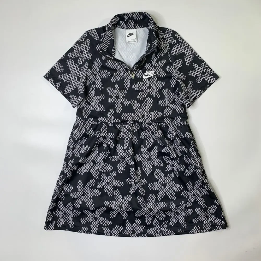 Nike Sport Dress Girls S Small Black White Daisy Print Pockets Short Sleeve